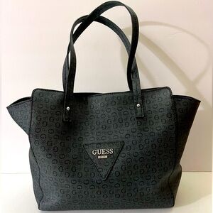 GUESS G Logo Black Tote Bag Purse with Pink Interior